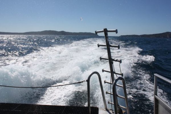 Retour à la Favière : au loin, la passe entre le Levant et Pors-Cros.